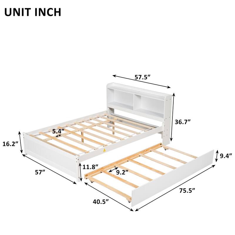 Twin/Full Bed Frame with Pull-Out Trundle and Bookcase Headboard, No Box Spring Needed