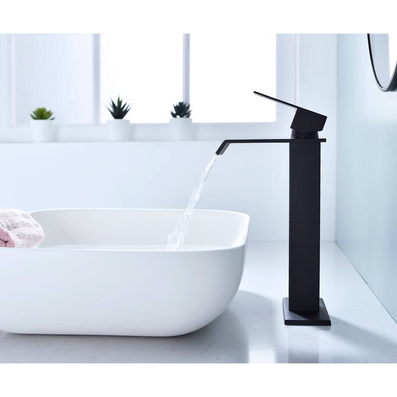 Waterfall Spout Bathroom Sink Single Handle Faucet with Pop-Up Drain (No Overflow)