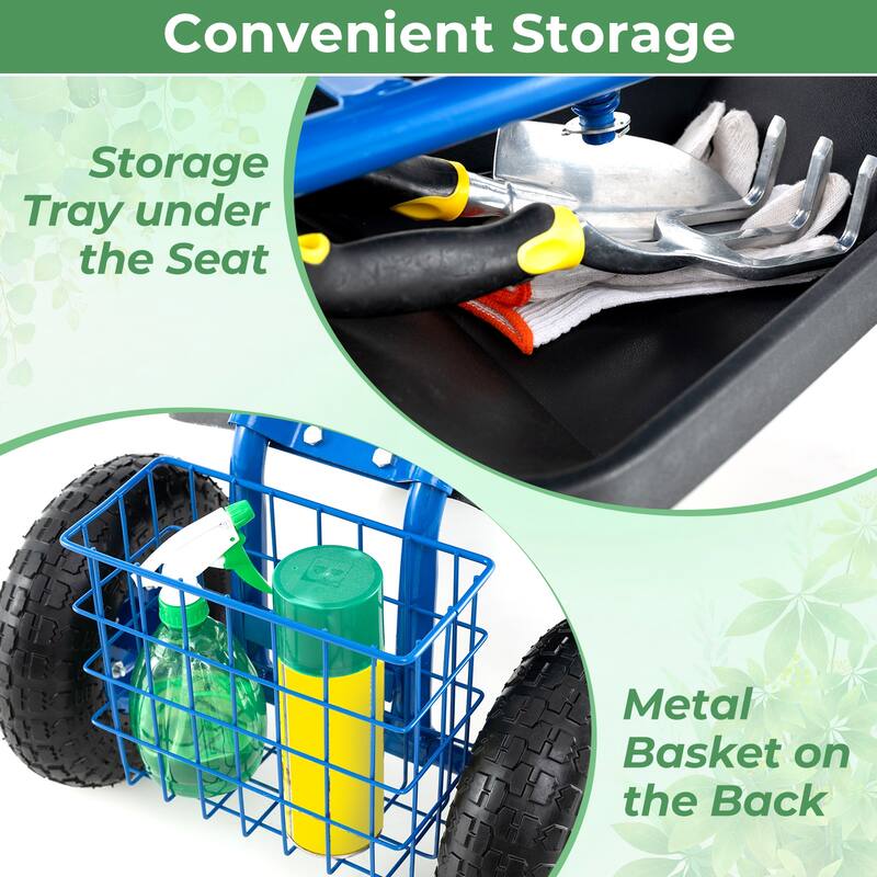 Gymax Cart Wagon Rolling Work Seat w/ Tool Tray Basket Planting Patio