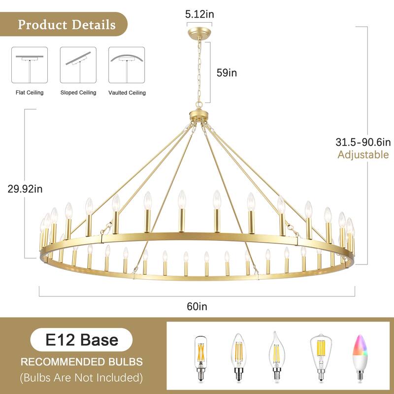 36-Light 47 in. Large Modern Farmhouse Candle Wagon Wheel Chandelier for Living Room