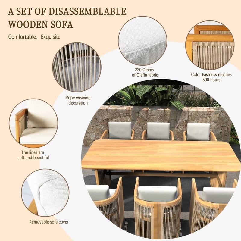 Outdoor 7-piece Acacia Wood Dining Set with 6 Cushioned Chairs for Patio Entertaining