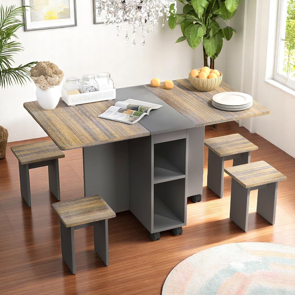 5-Piece Folding Dining Table Set with 4 Chairs, 55" Drop Leaf Expandable Kitchen Table with Storage & Wheels for Dining Rooms