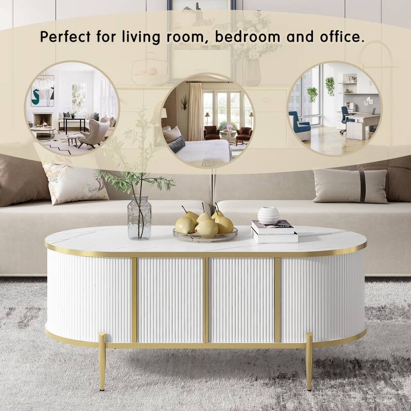 47.2" Modern Oval Coffee Table with Marble-patterned Top and 2 Cabinets