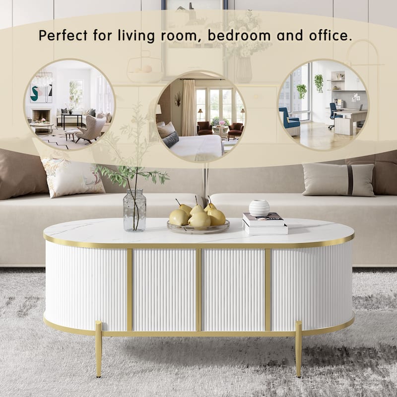 Roomfitters Luxury Oval Fluted Coffee Table with Marble Top, 2 Storage Cabinets and Metal Legs, Stylish Accent Table, White