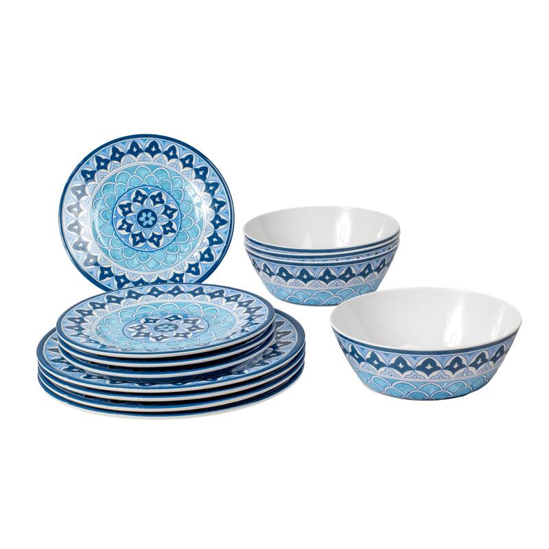 Abode Homewares Blue Medallion Melamine 12-Piece Dinnerware Set - Blue - Blue - 12 Piece