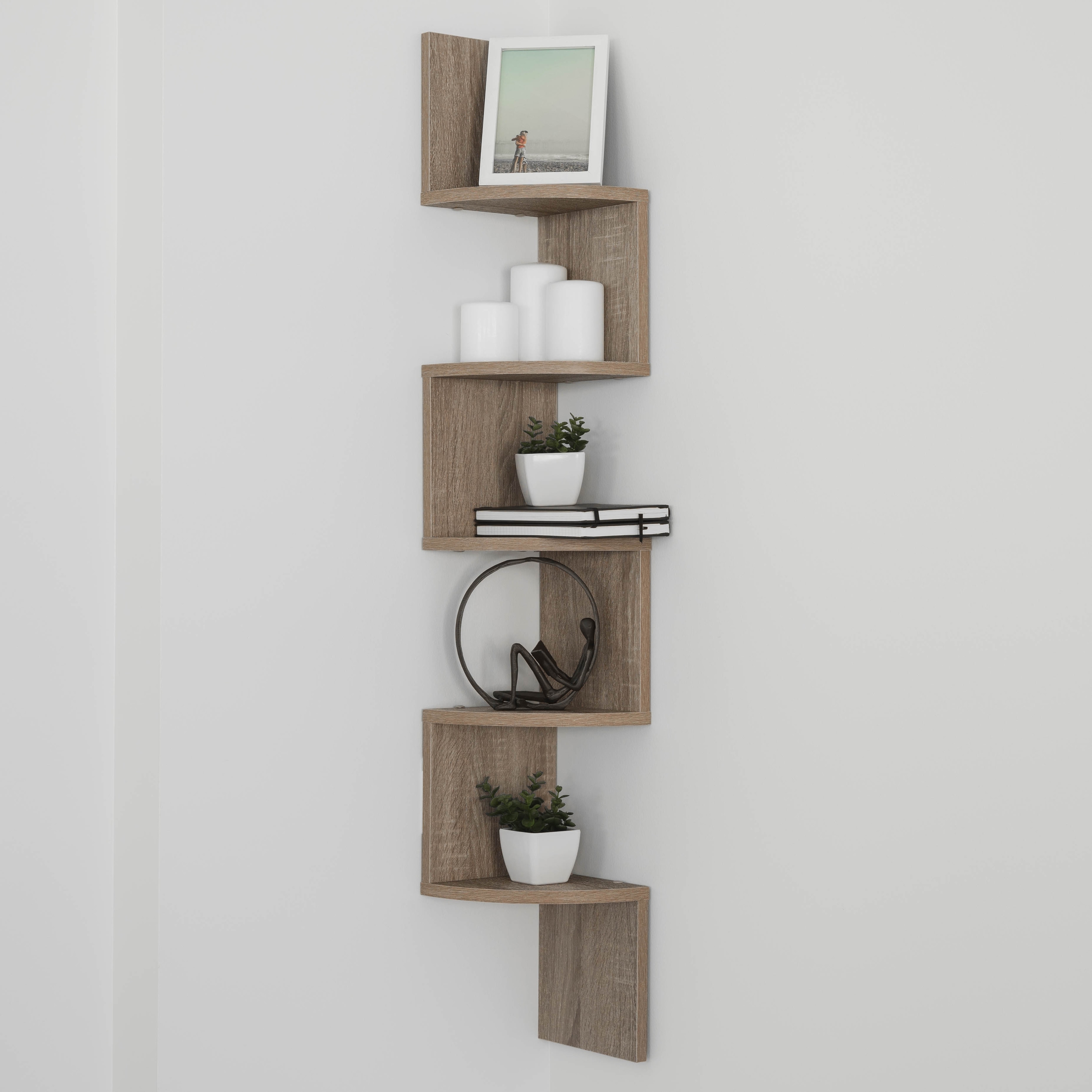 Large Weathered Oak Laminate Corner Wall Mount Shelf