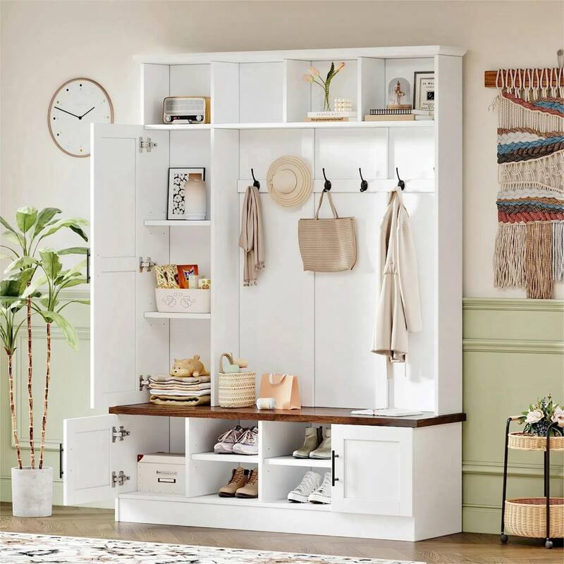 Versatile 3-in-1 Farmhouse Hall Tree with with 6 Hooks & Adjustable Shelves - Walnut Storage Benchr - White