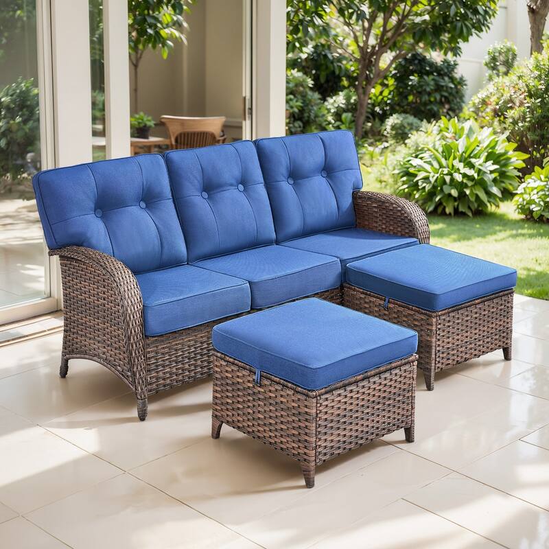 TWrap Brown Wicker Patio 3-Piece Sofa Set with 5-Inch Thick Cushions and 2 Ottomans