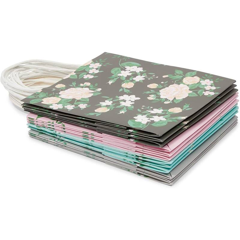 Blue Panda Small Floral Kraft Gift Bags with Handles in 4 Colors (8 x 9 x 4 in, 12 Pack)