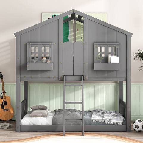 Twin over Twin Treehouse Bunk Bed with Roof and Storable Window Box
