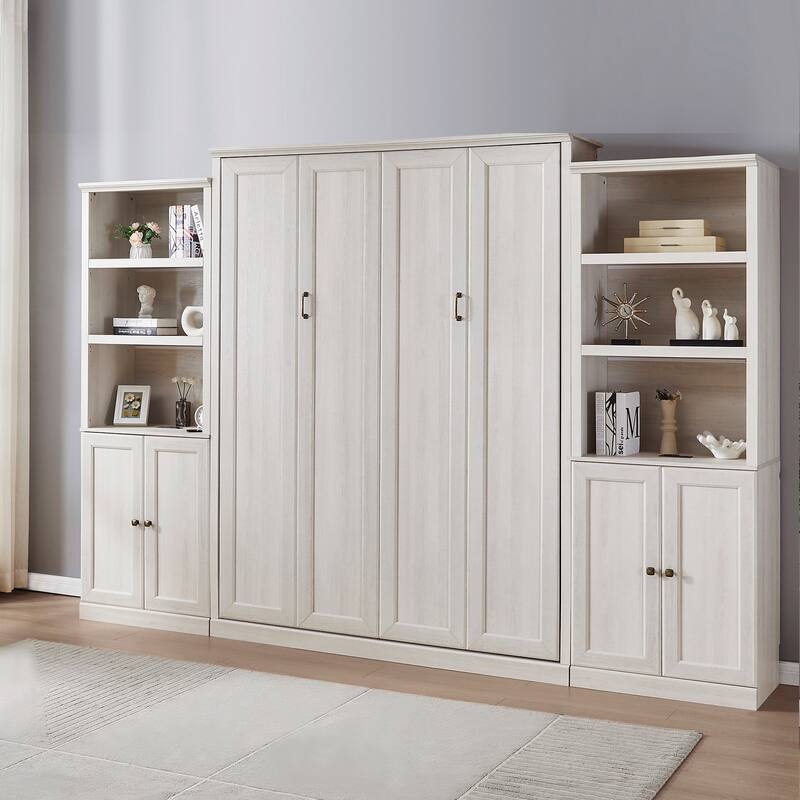 Space-Saving Modern Murphy Bed with Dual Piston Lift - Foldable Platform Bed Convertible Hidden Cabinet Design Cube Cabinet Bed - Rustic White with 2 Cabinet - Queen