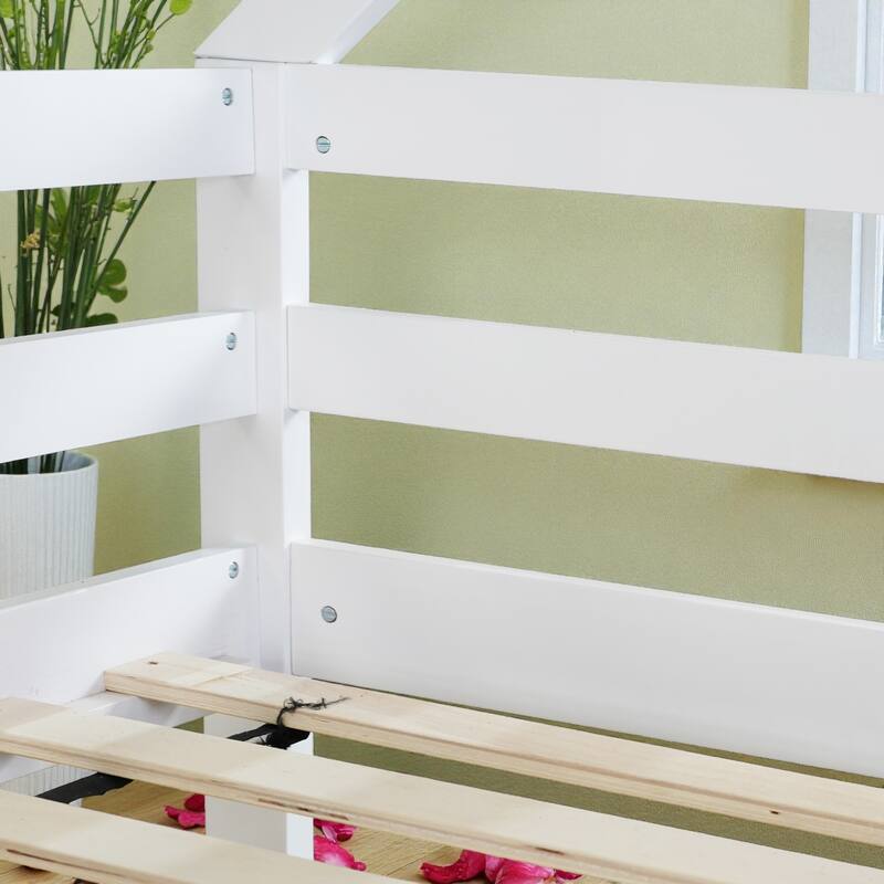 Twin Over Twin Floor Bunk Bed with House Roof Design, Rubber Wood Frame, Ladder and Guardrails for Kids Bedroom
