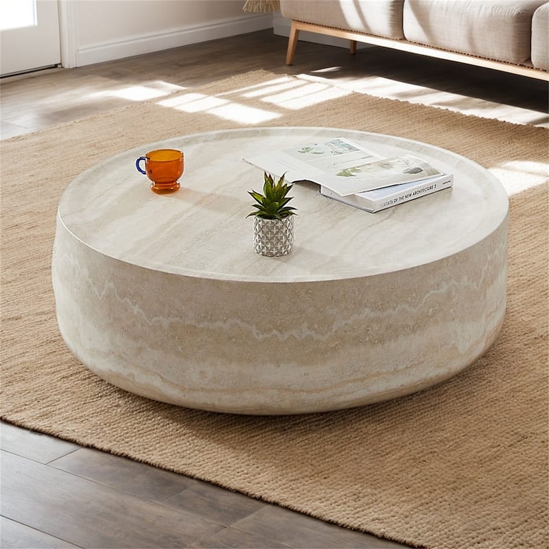 Modern Coffee Tables Tea Faux Travertine Textured Table, No Need Assembly