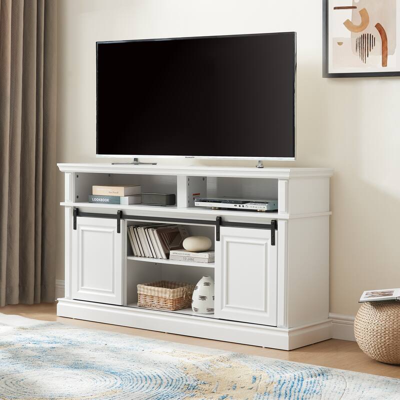 Medieval-Style TV Stand Multi-Functional Sliding Door TV Cabinet with 2 Storage Cabinets and Open Shelves, For Living Room