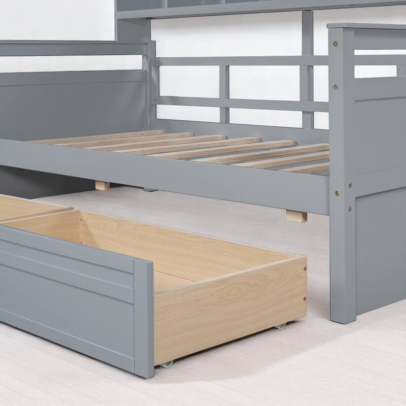 Wooden Twin/Full Daybed with 2 Storage Drawers and Bedside Shelves, No Box Spring Needed, Modern Design