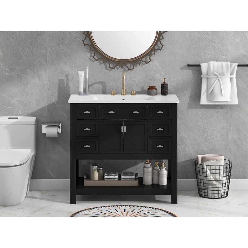 Bathroom Vanity with Top Sink, Bathroom Storage Cabinet with 2 Soft Closing Doors, Bathroom Vanities with 6 Drawers
