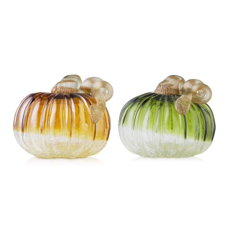 Glitzhome 6"D Green Amber Crackle Hand Blown Glass Pumpkins for Fall Harvest Halloween