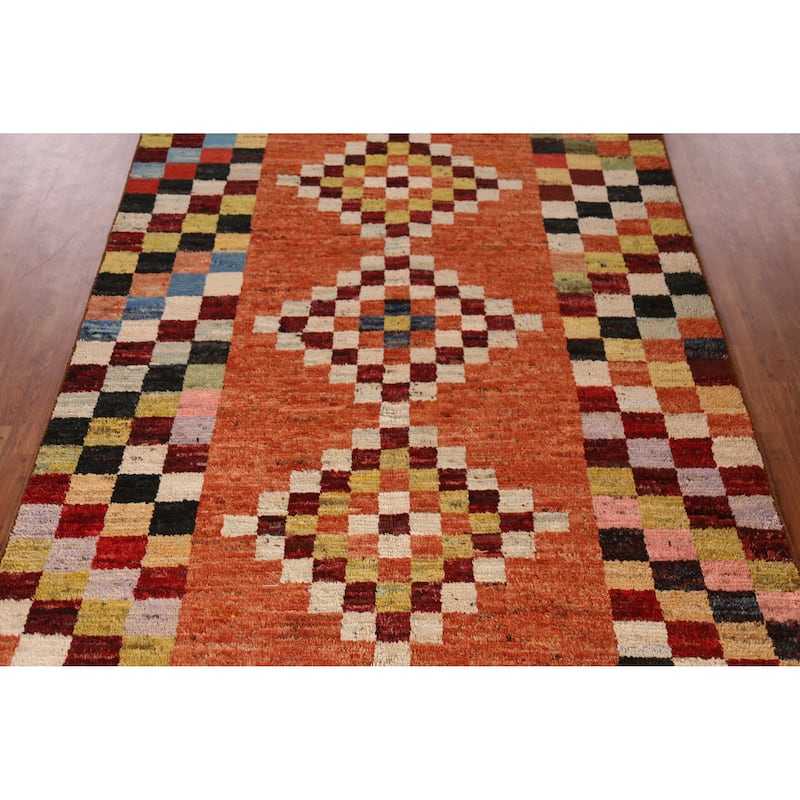 Checkered Orange Moroccan Oriental Rug Handmade Wool Carpet - 6'7" x 9'8"