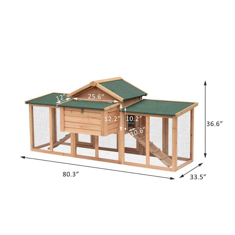 PawHut 80" Wooden Chicken Coop Backyard Hen Cage House Poultry w/ Nesting Box Run - Brown/Green - 37"h x 82"d x 35"w