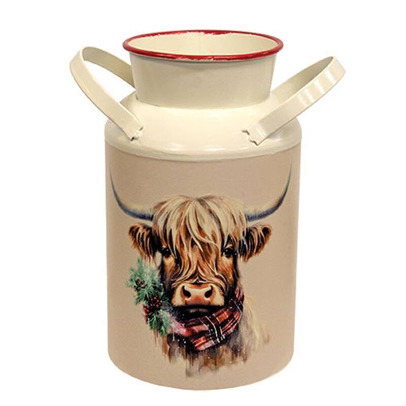 Vintage Cream Metal Milk Can with Highland Cow Print 2 Asstd.