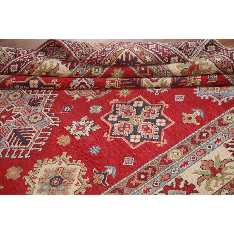 Hand Knotted Oriental 100% Wool Carpet Traditional Geometric Red Kazak Area Rug - 10' 2'' X 6' 4''