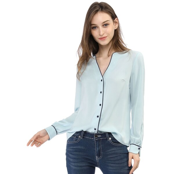 Astylish Women Casual Cuffed 3 4 Sleeve Button up V Neck Tunic Shirts Tops