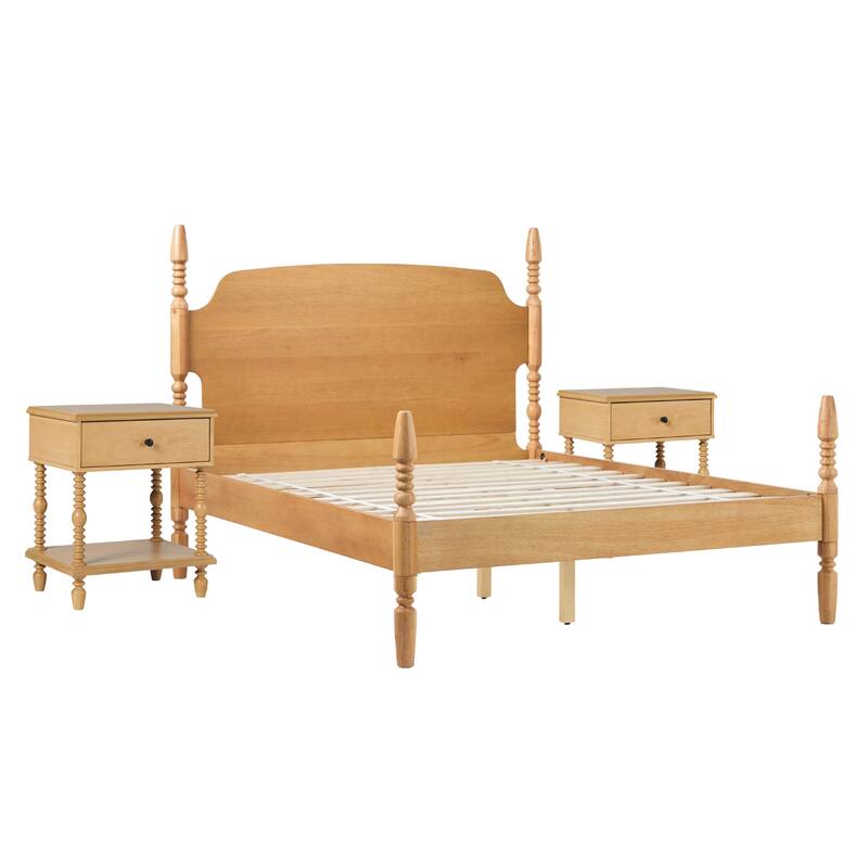Walker Edison Spindle Queen Bed with 1-Drawer Nightstands Bedroom Set