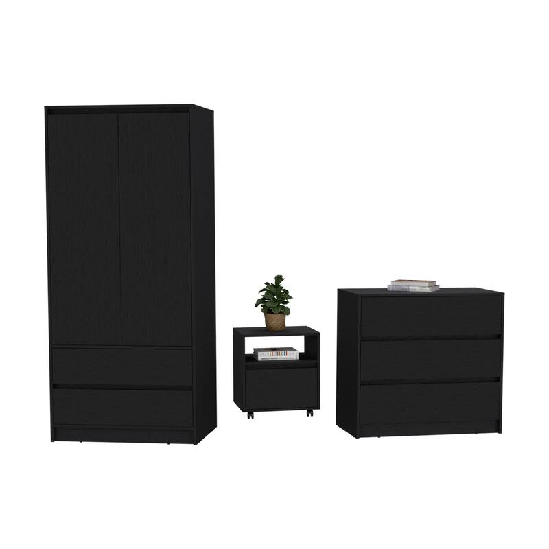 Beloit 3 Piece Bedroom Set,Nightstand + Dresser+ Armoire - Black - 3 Piece - Twin