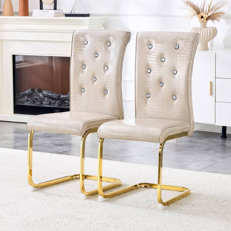 Set of 2 Retro Alligator Skin Upholstered Dining Chairs with Crystal Buckle Design & Faux Leather