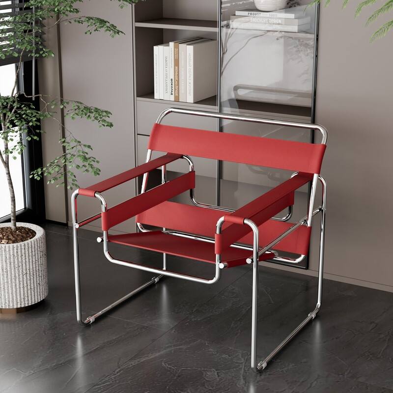 Mid-Century Modern Saddle Leather Accent Chair with Steel Legs