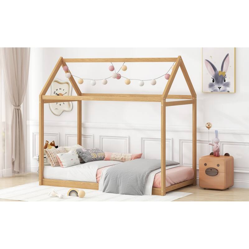 Twin Size Pine Wood Kids' House-Shaped Bed Frame with Durable MDF Construction