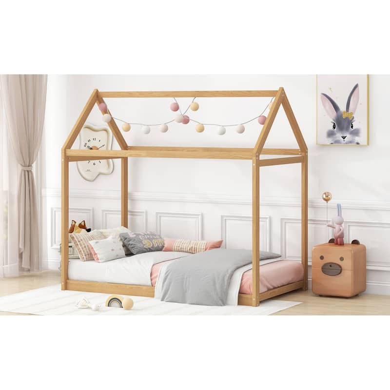 Twin Size Wooden House Bed in Natural Wood Finish
