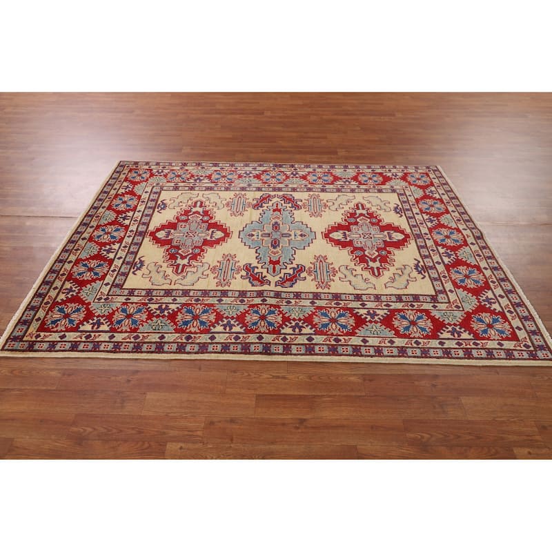 Geometric Beige Kazak Area Rug Hand-Knotted Bedroom Wool Carpet - 4'10" x 6'5"