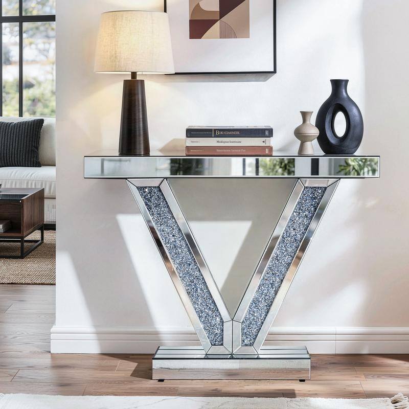 V-Shaped Frame Mirrored Console Table With Sparkling Crystal Accents