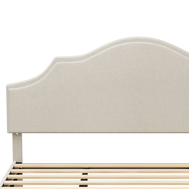 King Size Upholstered Platform Bed with Adjustable Headboard, Linen Fabric, Modern Design, Easy Assembly, Beige