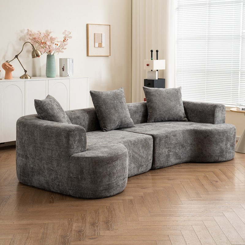 Cotton & Linen Fabric Deep Seat Curved Sectional Sofa with Pillows