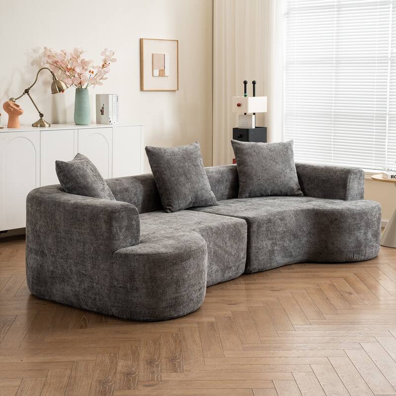 Curved Loveseat Sofa Corduroy Upholstered Couch with 3 Pillows for Living Room, Floor U-shape Settee Cloud Chaise Lounge