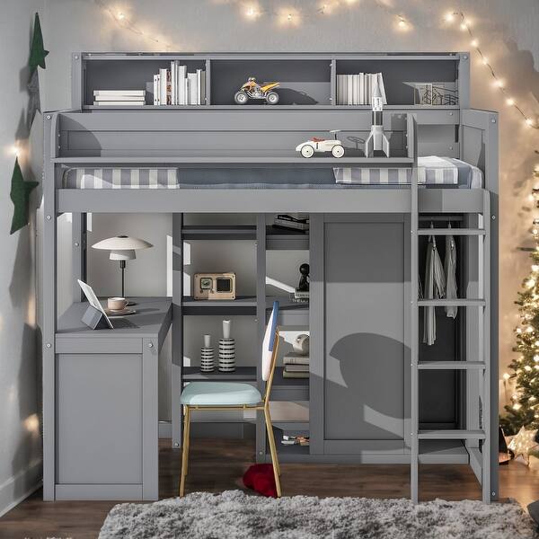 slide 2 of 12, Wood Twin Size Loft bed with Multiple Storage Shelves and Wardrobe Grey