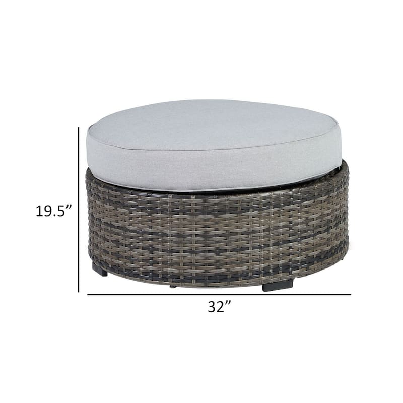 Saki 32 Inch Outdoor Ottoman, Round Cushion, Wicker, Light Gray Fabric