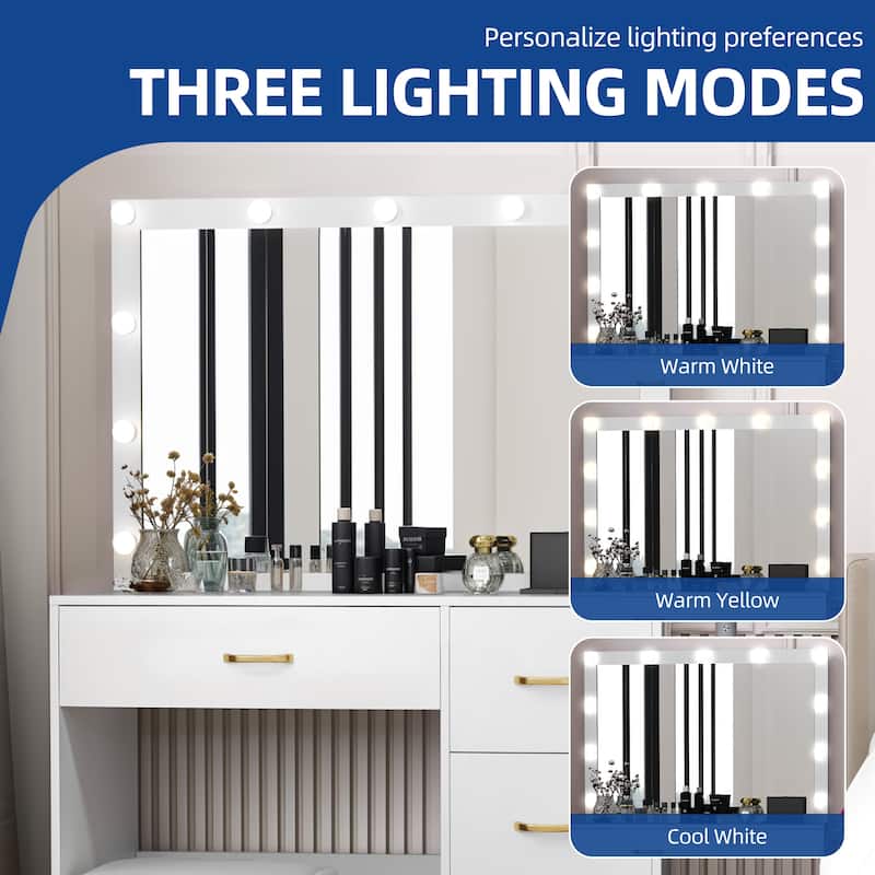 Moasis 42.1" White Mirror Makeup Vanity Table with Stool and Light Strip