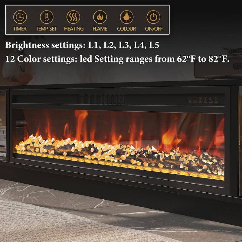 Modern Black Fireplace TV Stand Combo,Remote Fireplace Heater,2 Drawers,Light Strip & USB