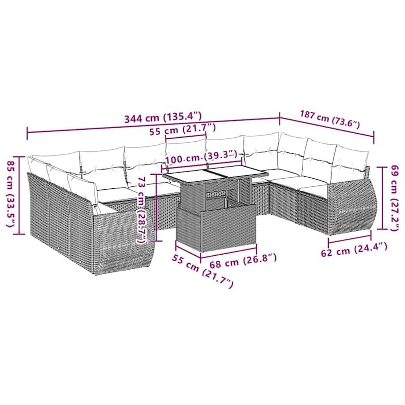 vidaXL Patio Sofa Set with Cushions and Table Outdoor 11 Piece Poly Rattan - 24.4 x 24.4 x 27.2