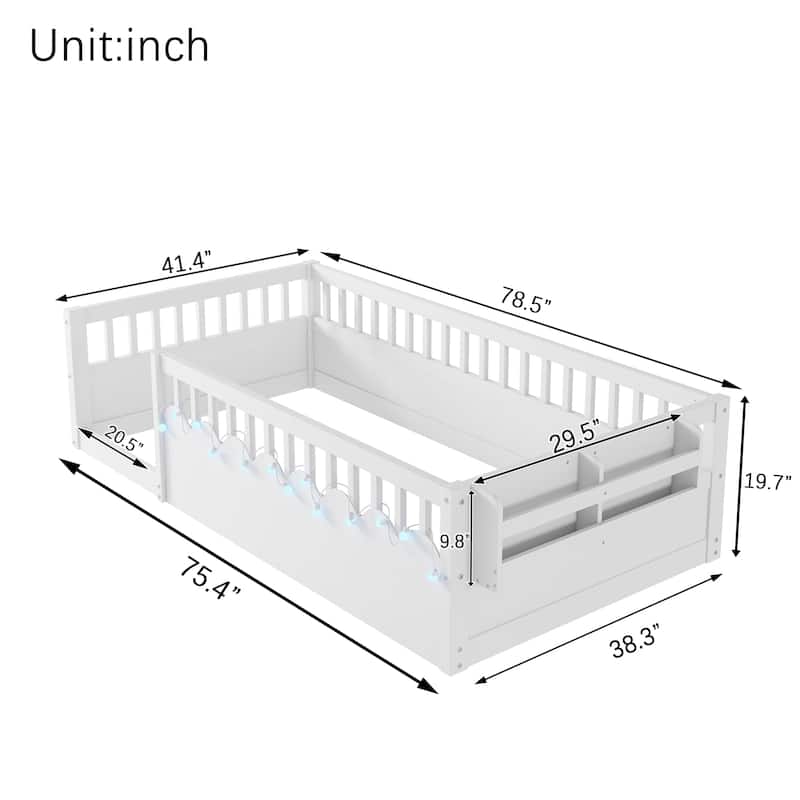 GDF Studio - Ellington Twin Montessori Floor Bed with High Rails, LED Light, and Storage Shelf