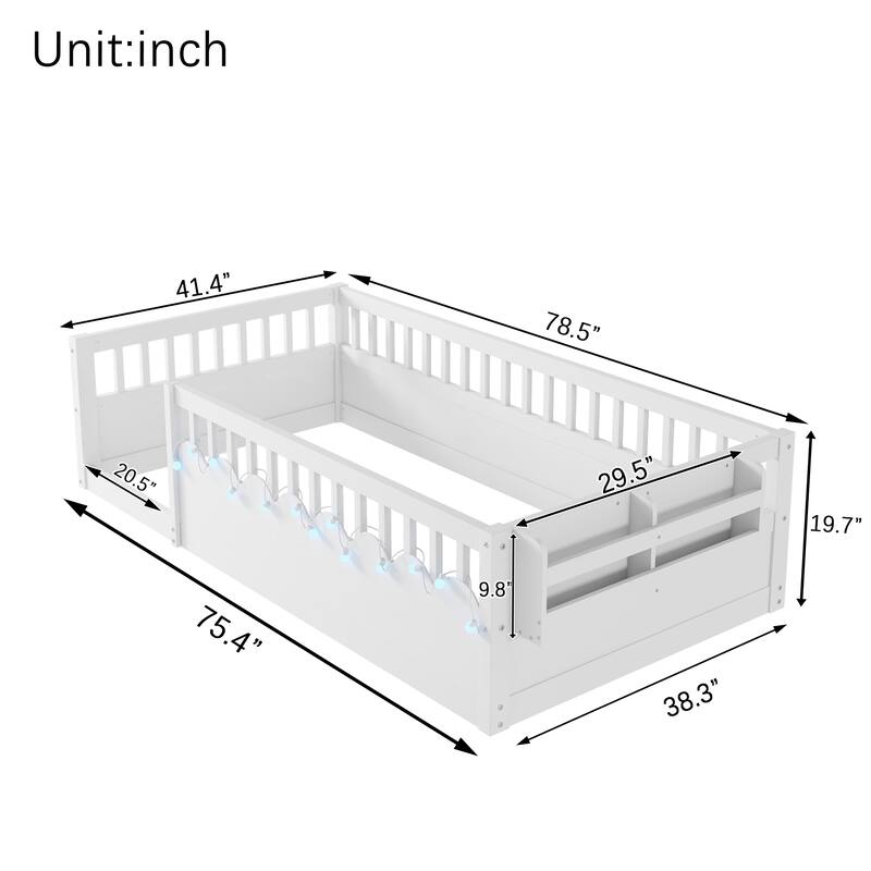 Montessori Floor Bed Frame with High Rails, Wood Toddler Floor Bedframe with Light and Headboard Storage Shelf for Kids Room