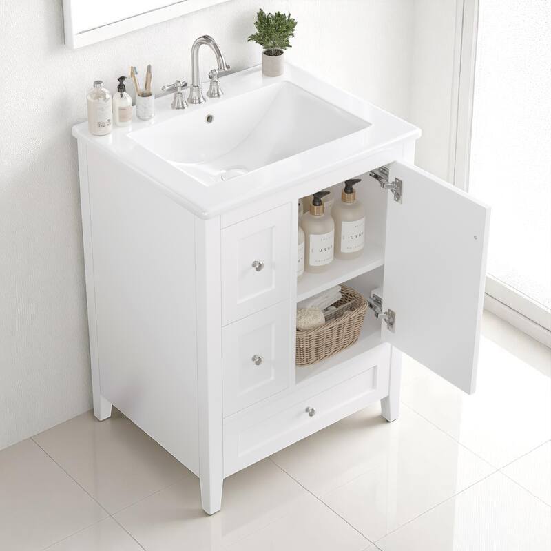 24" Bathroom Vanity with Sink, Adjustable Shelf, 3 Drawers, and Glossy White Finish - Freestanding MDF Cabinet,Storage Organizer