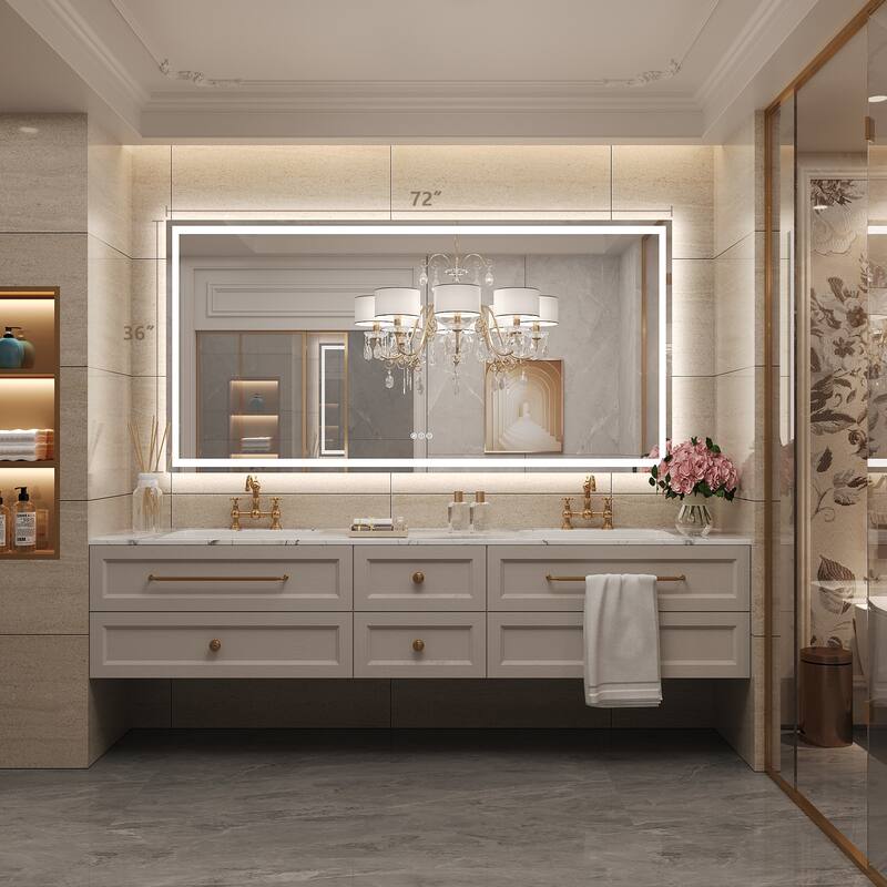 Frameless LED Front Light and Backlit 3 Colors Dimmable Anti-Fog Wall Bathroom Vanity Mirror