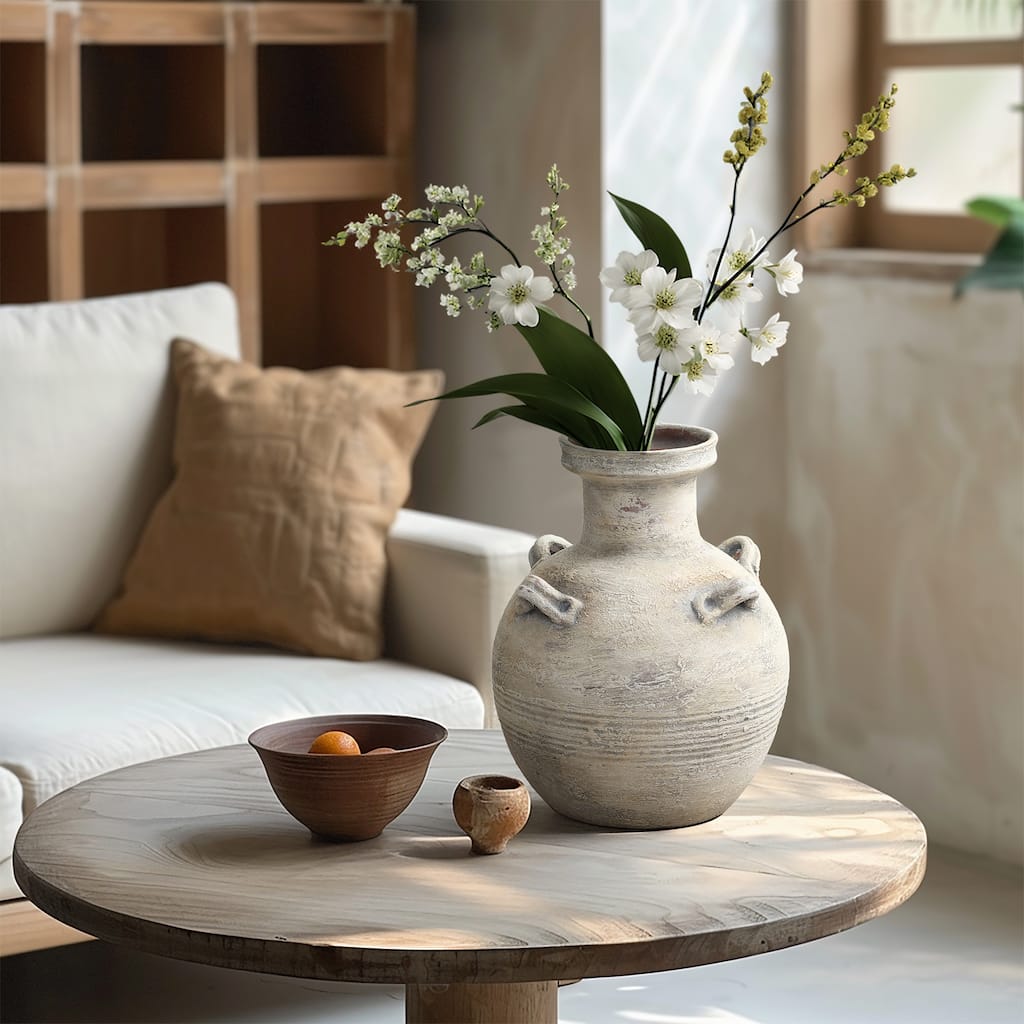 Rustic Off-White with Gray Terracotta Urn Vase, Vintage Pottery