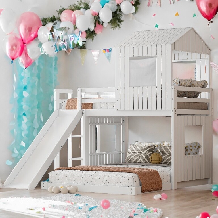Friendly Design Twin Over Full Bunk Bed, Loft Bed with Playhous