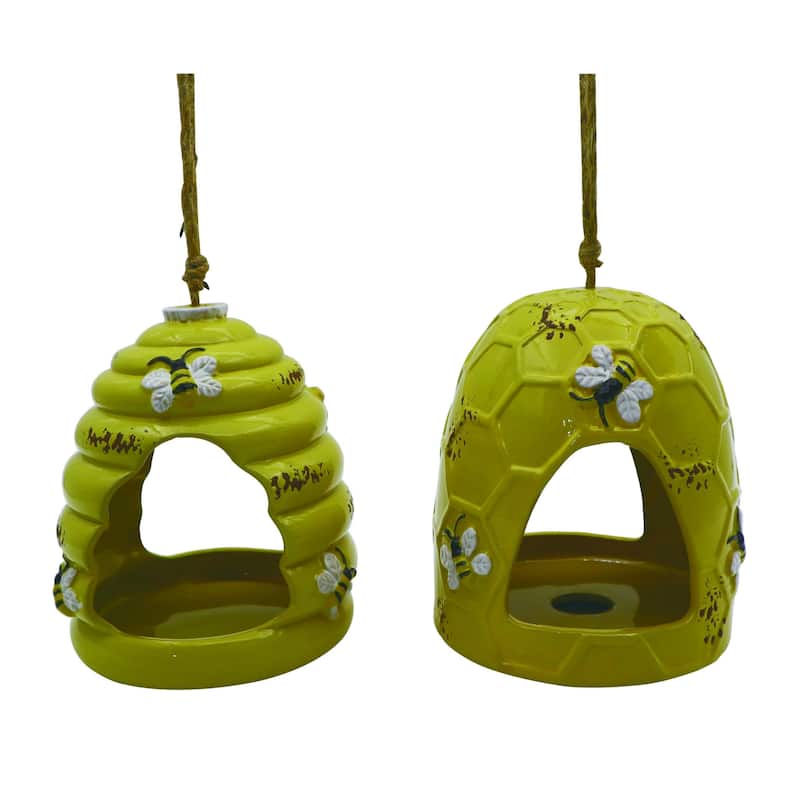 Transpac Ceramic Bee Hive Bird Feeder Set of 2 Spring Home Decorations