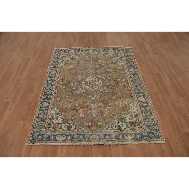 Hand Knotted Oriental 100% Wool Carpet Traditional Floral Brown Tabriz Area Rug - 6' 3'' X 4' 6''